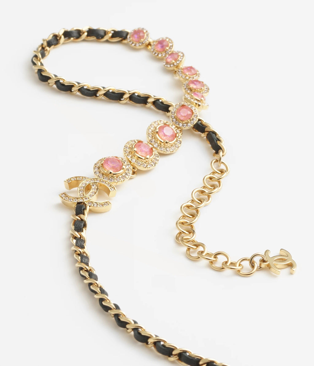 18K  Chanel Pink Crystals Leather Necklace