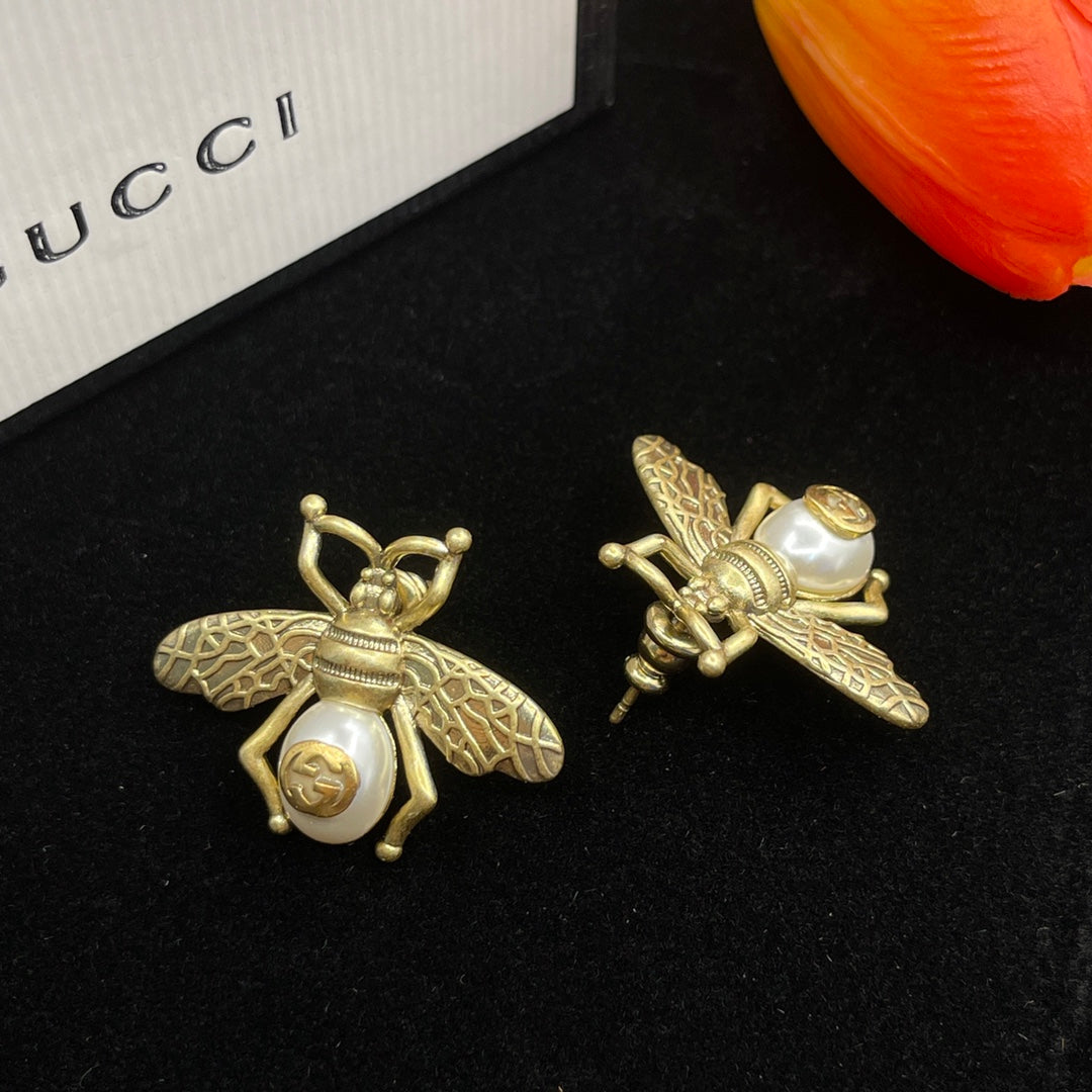 18K Double Gucci Bee Pearl Earrings
