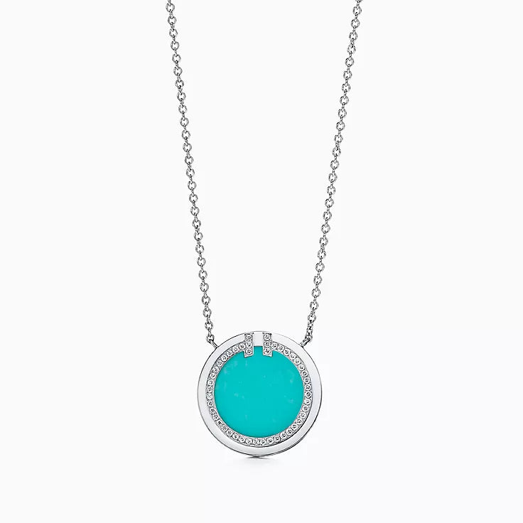 18K Tiffany Diamond & Turquoise Circle Pendant Necklace