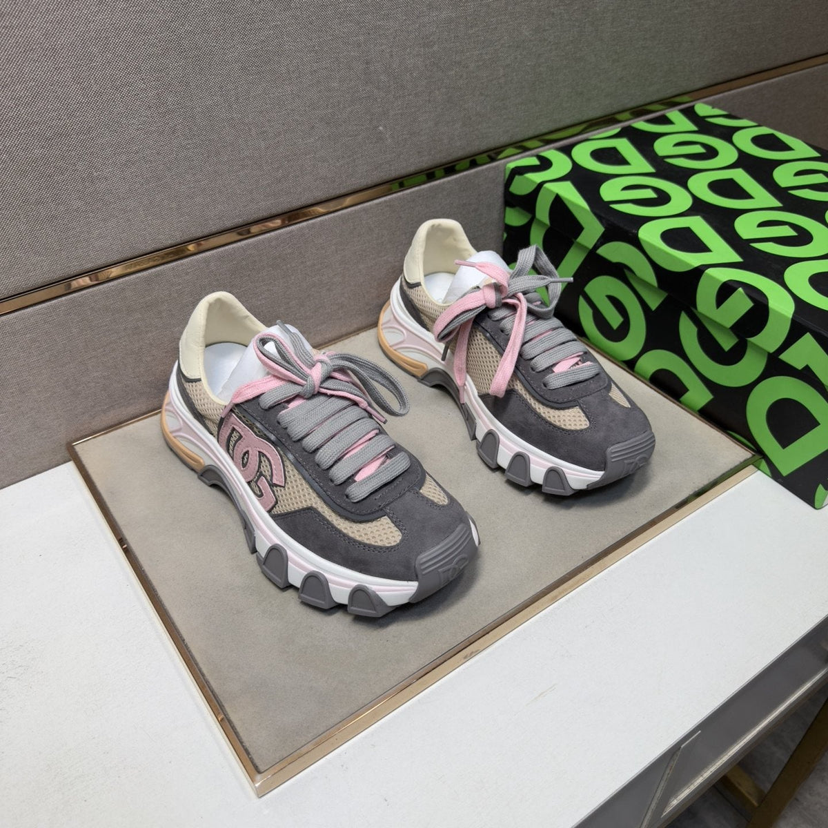 Dolce & Gabbana Gray, Cream and Pink Sneakers — front