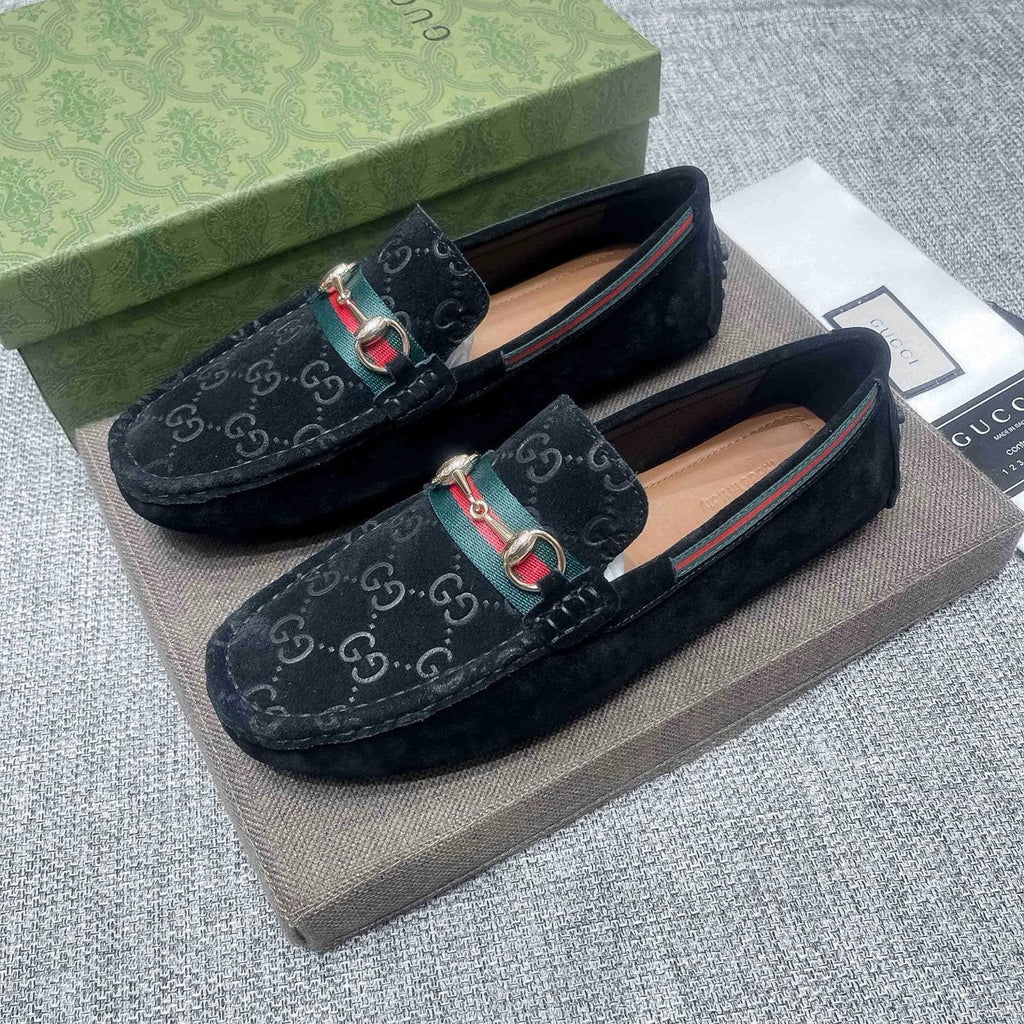 Gucci Black Patterned Loafers with Green and Red Accents — front