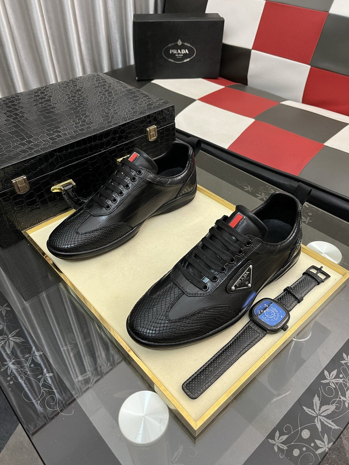 Prada Black Textured Low-Top Sneakers — front