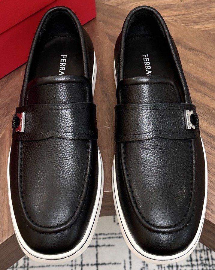 Salvatore Ferragamo Black Loafers with White Soles — front