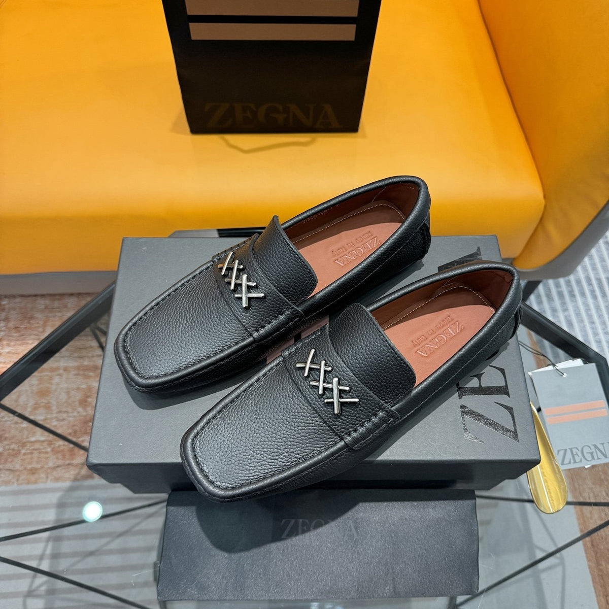 Zegna Black Cross-Stitch Driving Loafers — front