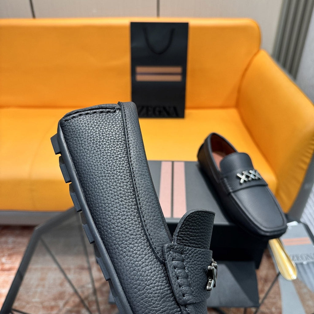 Zegna Black Cross-Stitch Driving Loafers — detail
