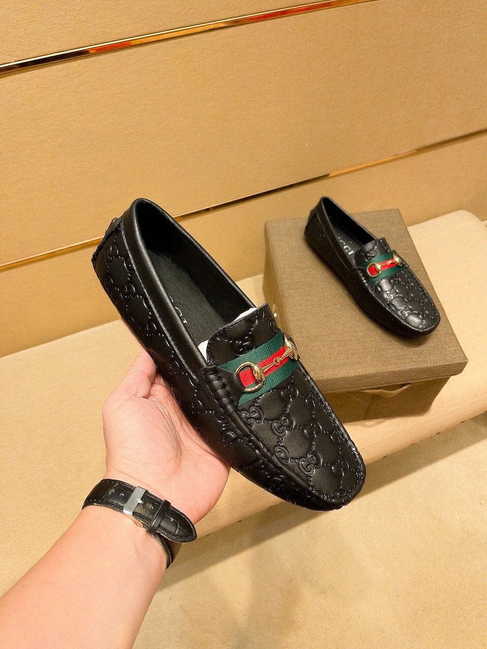 Gucci Embossed Loafers with Green and Red Band — model