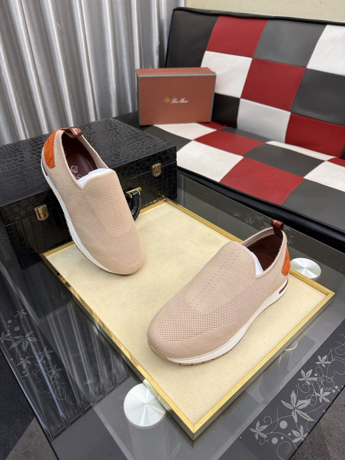 Men's Beige Slip-On Sneakers with Orange-Brown Heel Accent — front