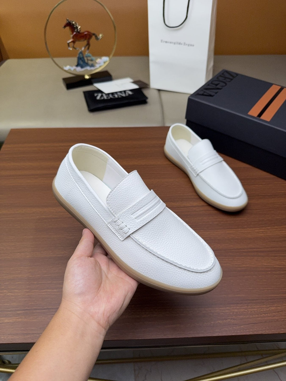 Zegna White Strap Loafers — model