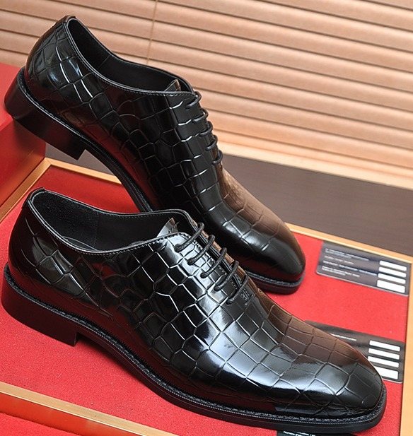 Ferragamo Black Embossed Lace-Up Dress Shoes — hero
