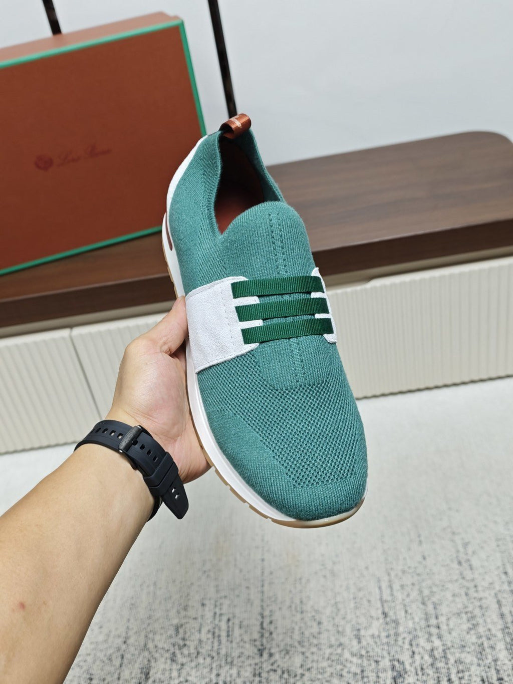 Teal Green Knit Slip-On Sneakers — model