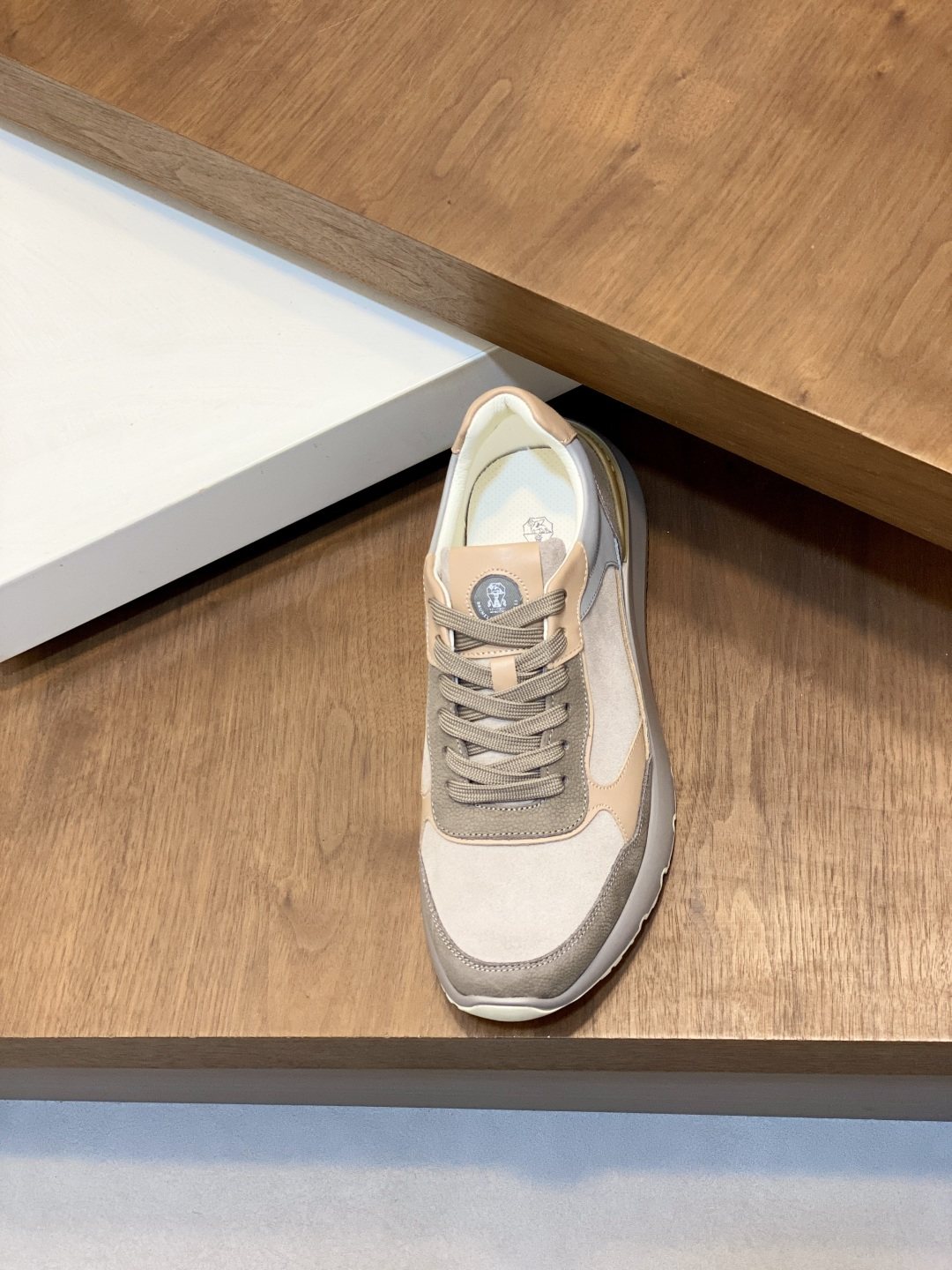 Brunello Cucinelli Cream and Gray Low-Top Sneakers — front