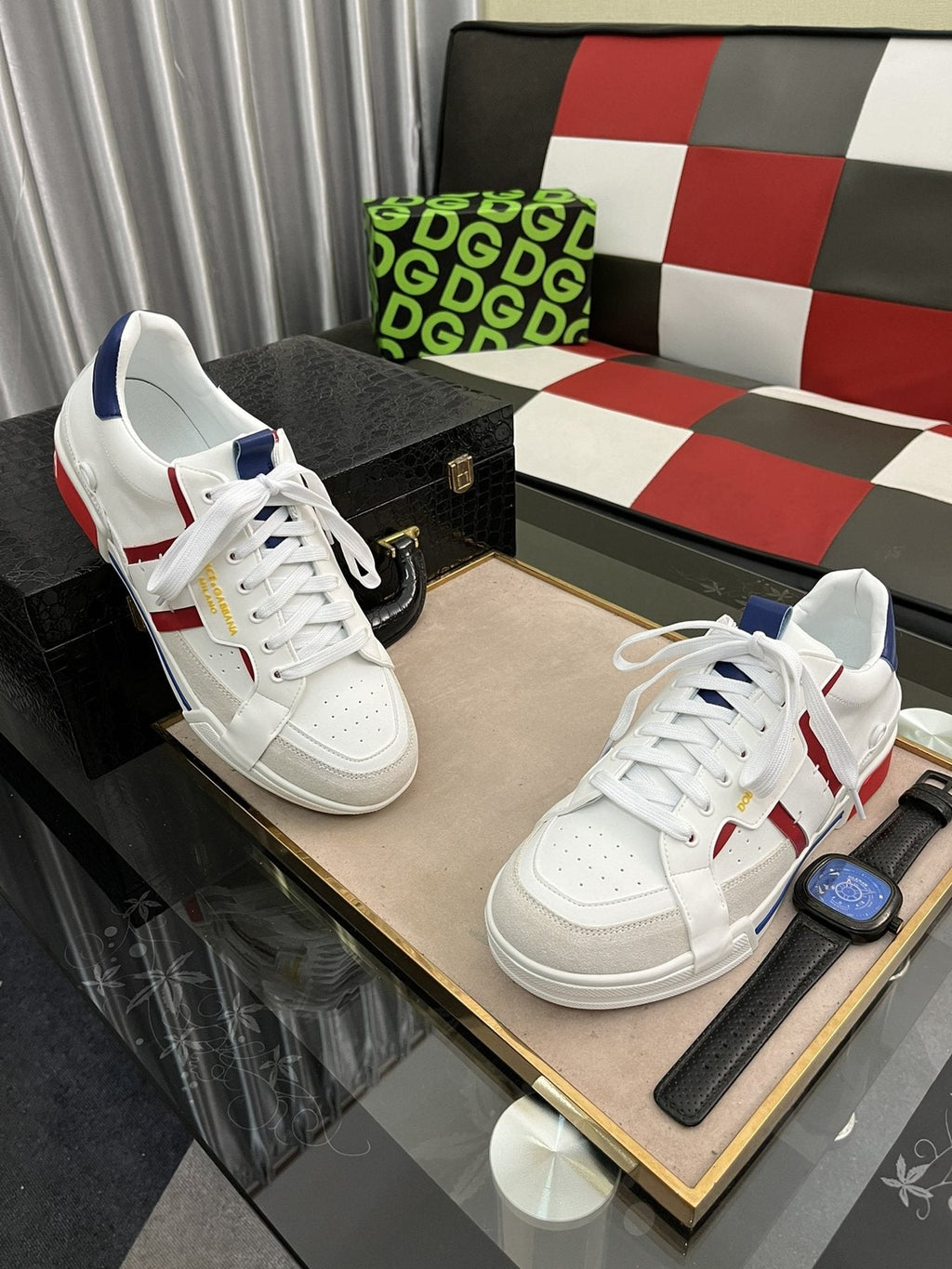 Men's White Low-Top Sneakers with Red and Navy Accents — front