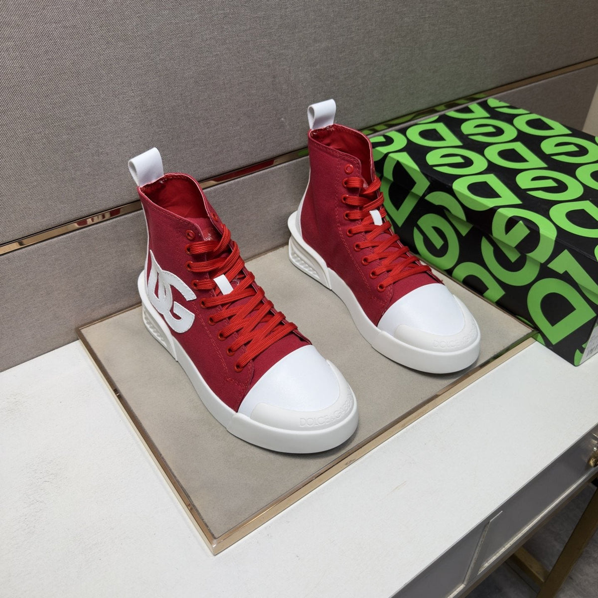 Dolce & Gabbana Red and White High-Top Sneakers — hero