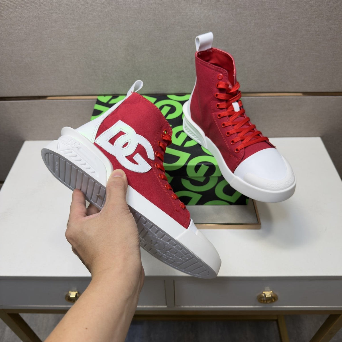Dolce & Gabbana Red and White High-Top Sneakers — model