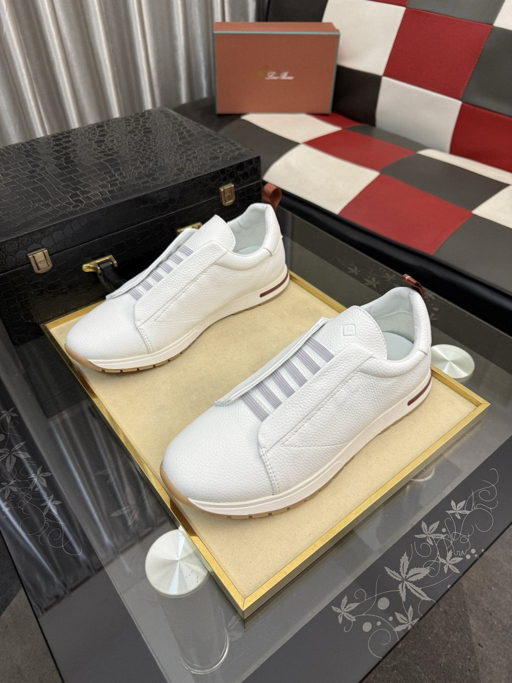 Men's White Slip-On Sneakers with Gray Bands — front