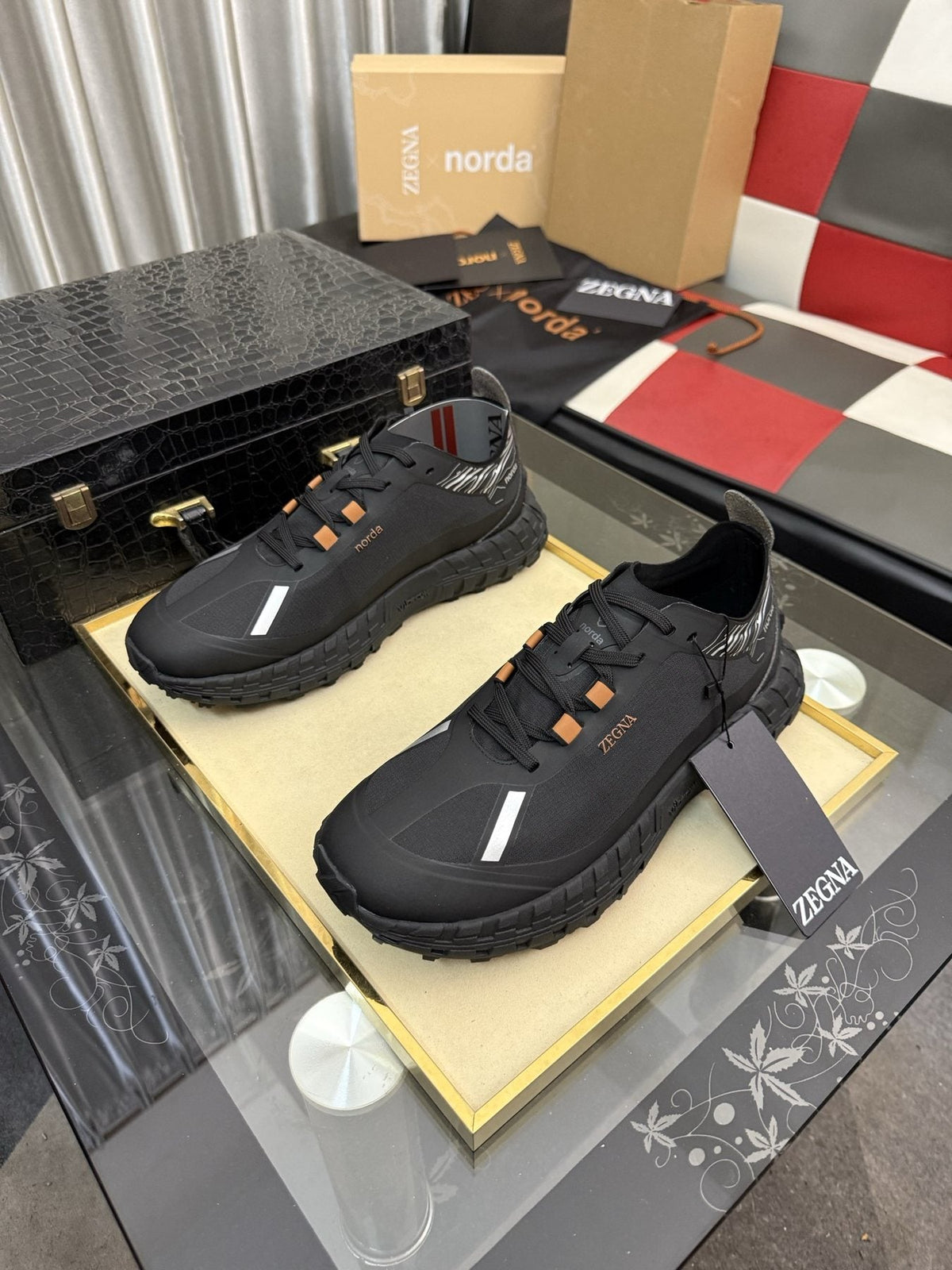 ZEGNA Black Trail Running Shoes with Orange Accents — front