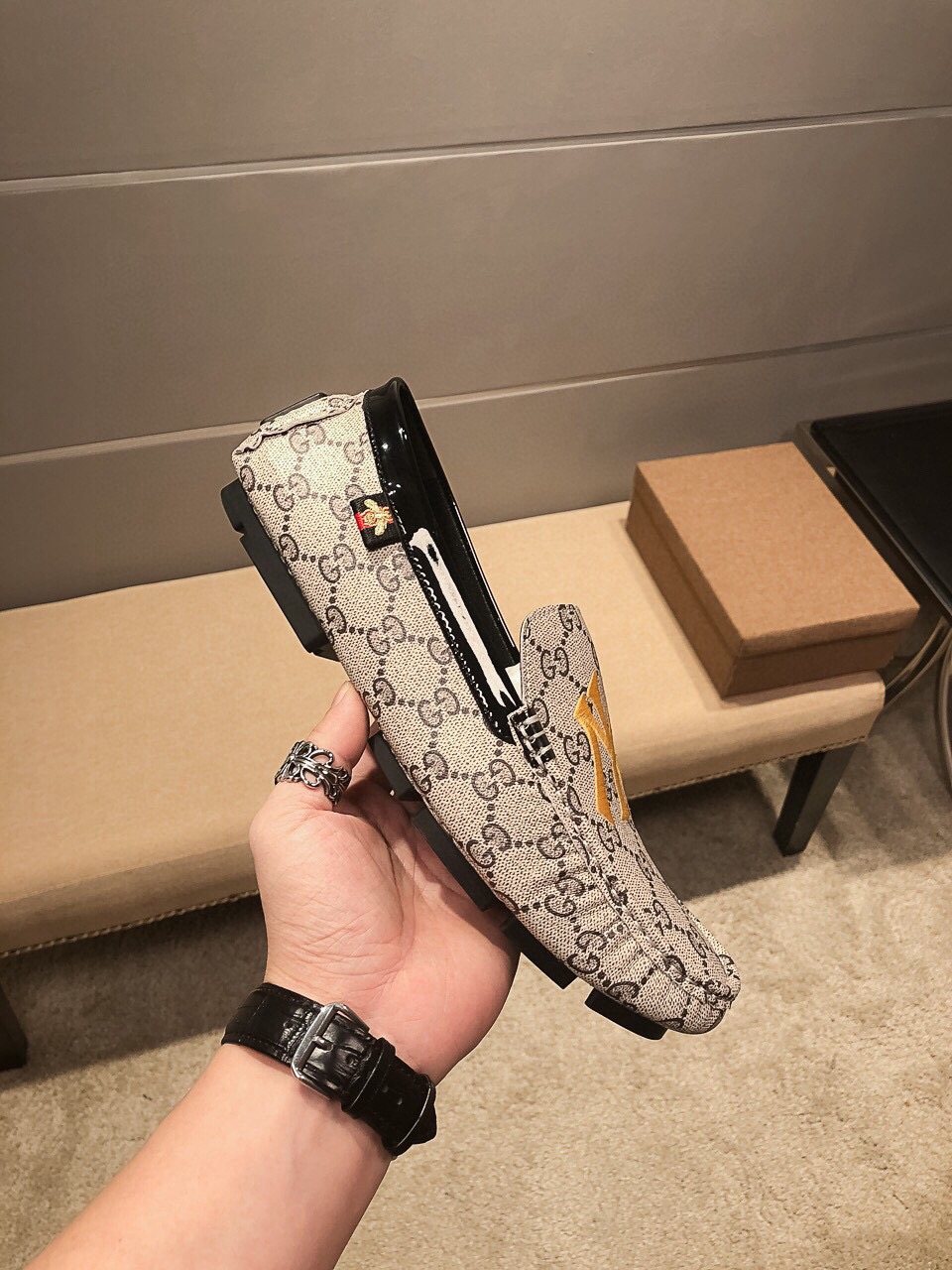 Gucci Beige Patterned Embroidered Loafers — side