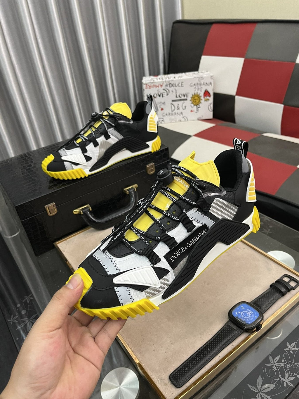 Dolce & Gabbana Black, White & Yellow Sneakers — model