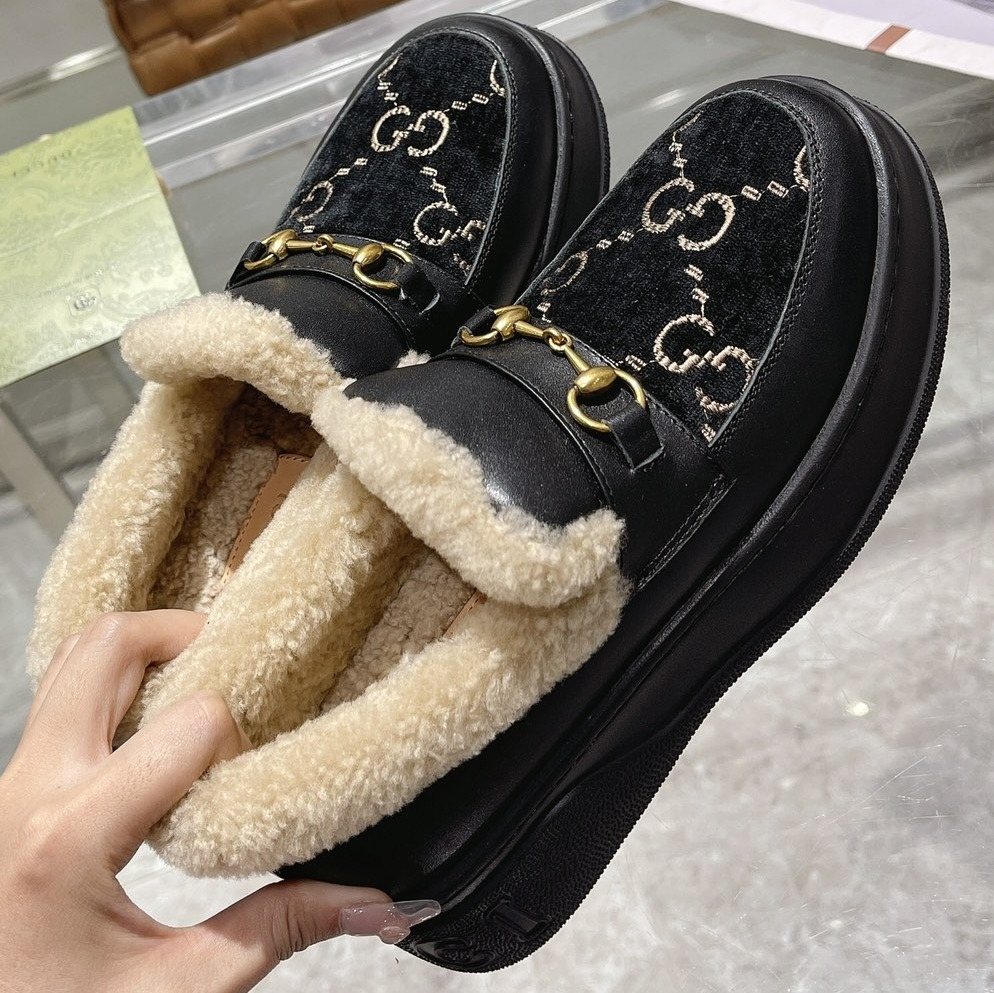 Gucci Patterned Plush-Lined Slip-On Shoes — hero