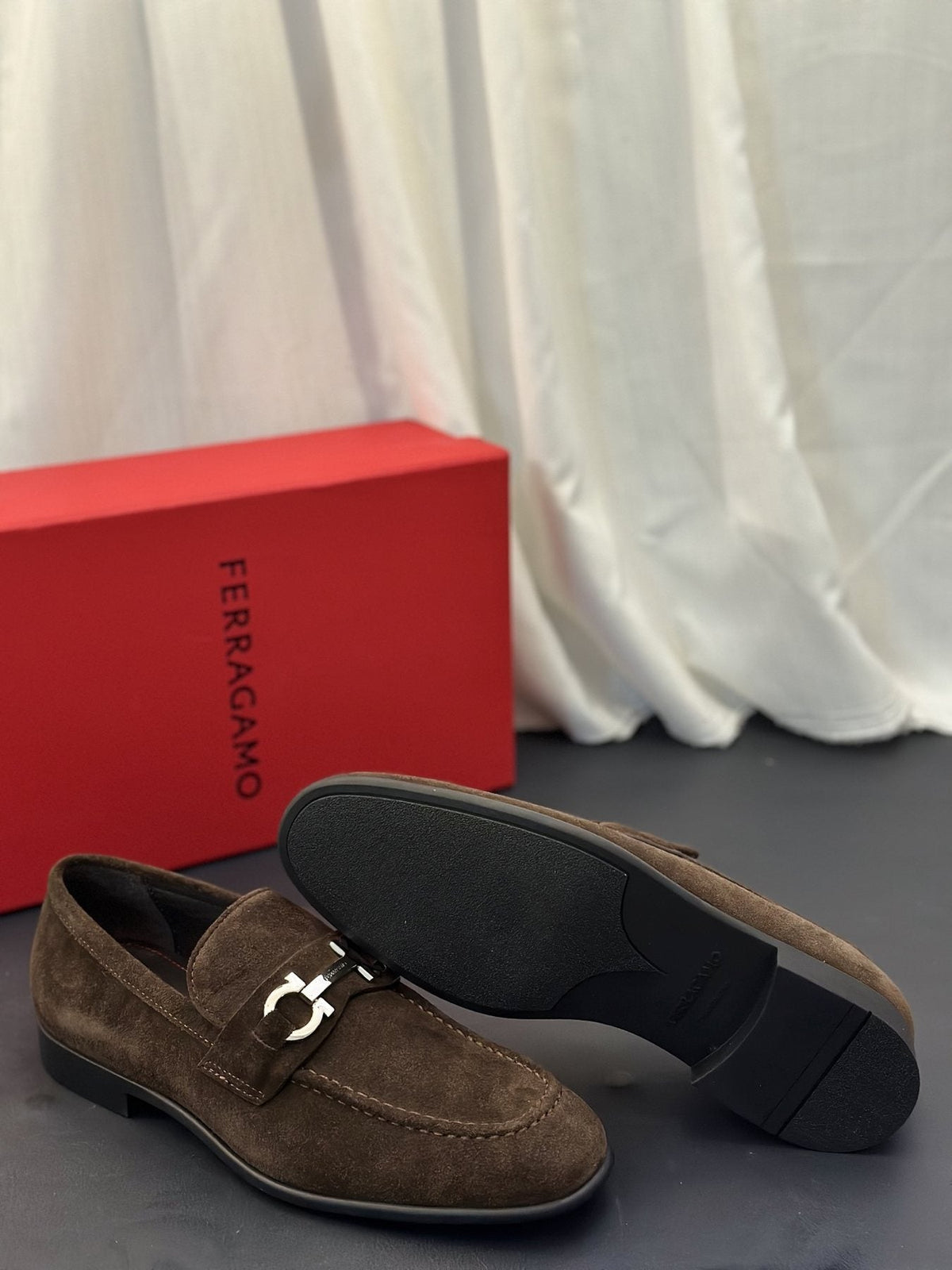 Ferragamo Brown Metal-Detail Loafers — back