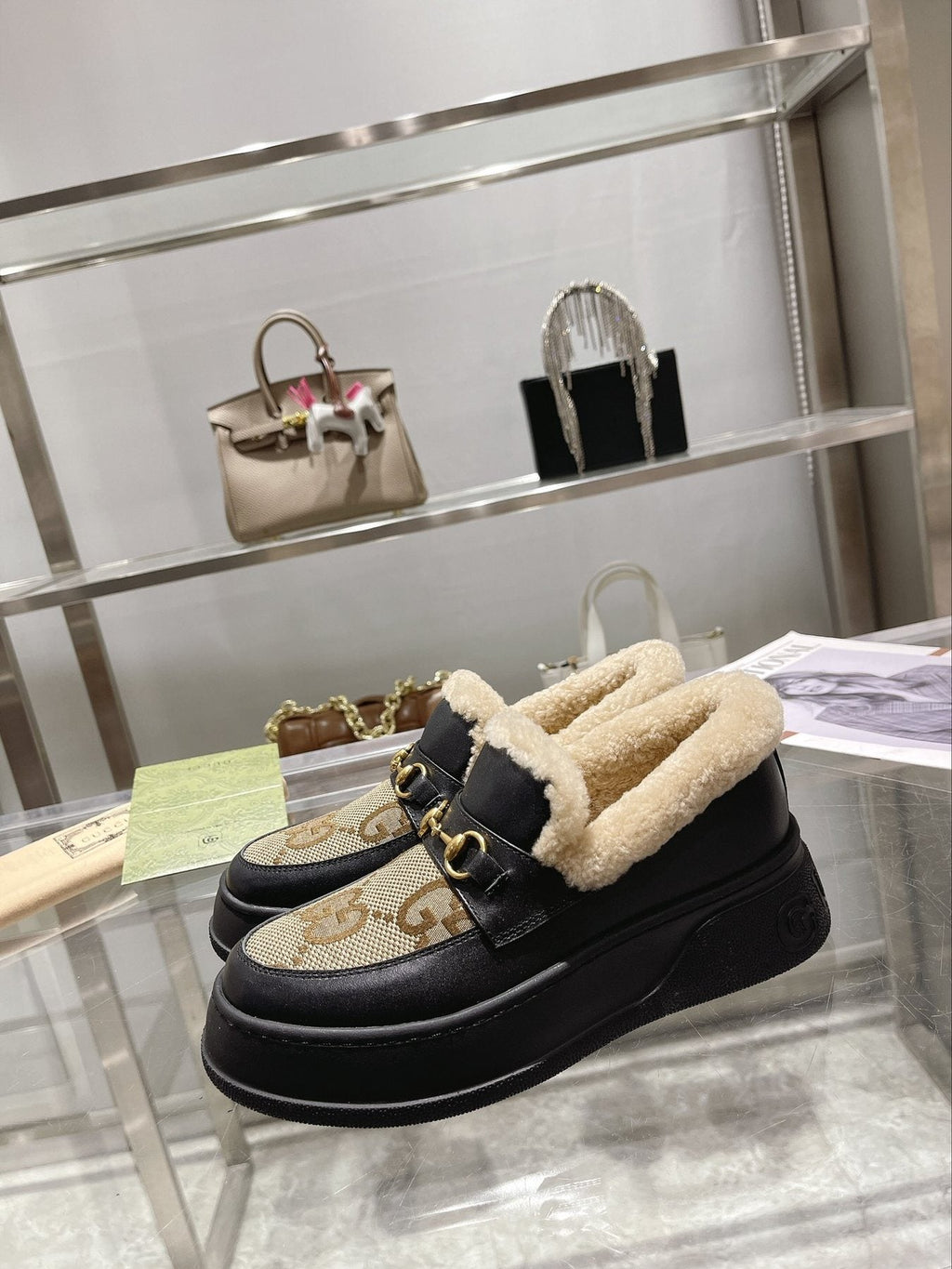 Gucci Patterned Plush-Trim Slip-On Snow Boots — side