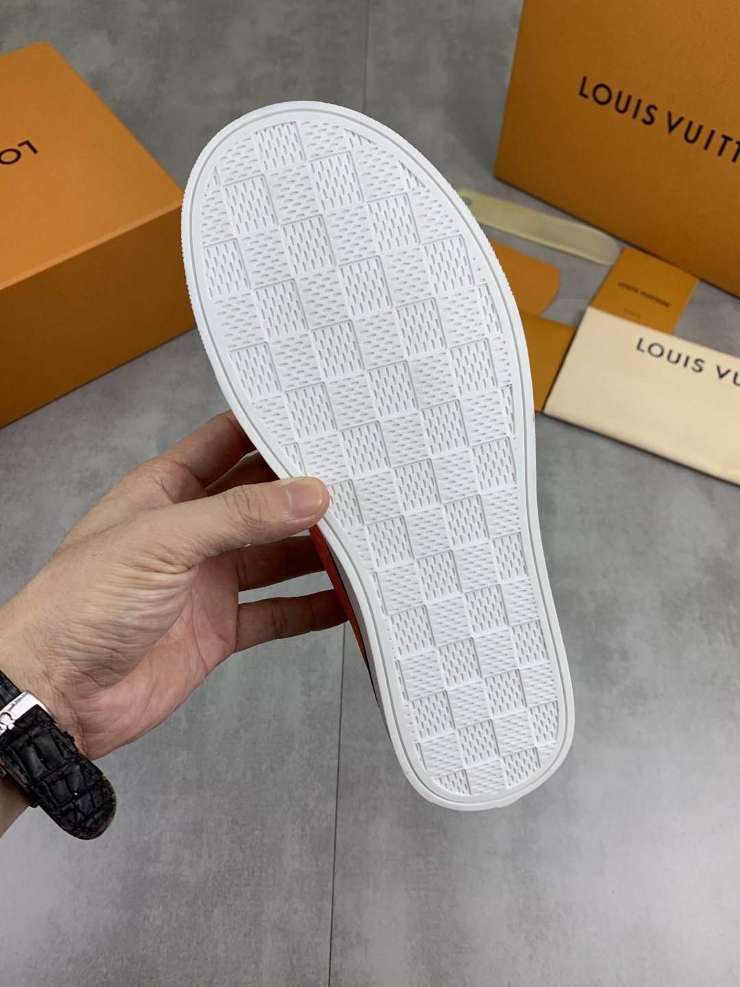 Louis Vuitton Orange Patterned Slip-On Shoes — detail