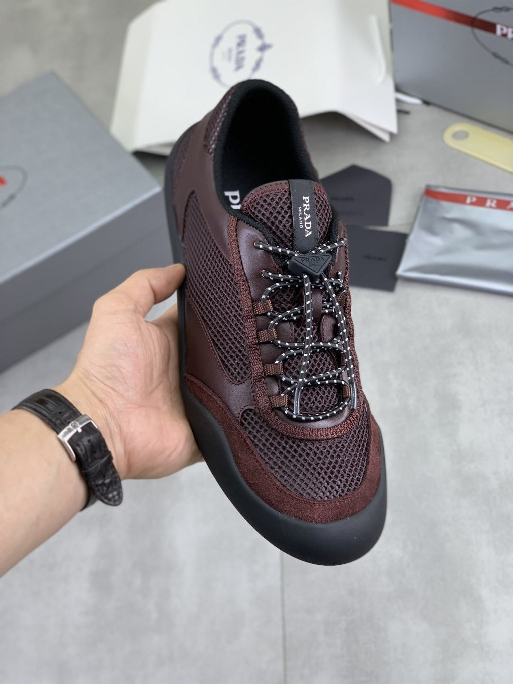 Prada Layered Mesh Lace-Up Sneakers — model
