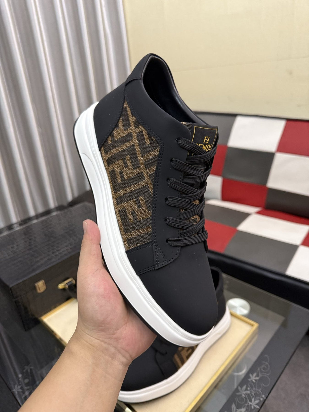 Fendi Patterned-Panel Lace-Up Sneakers — model