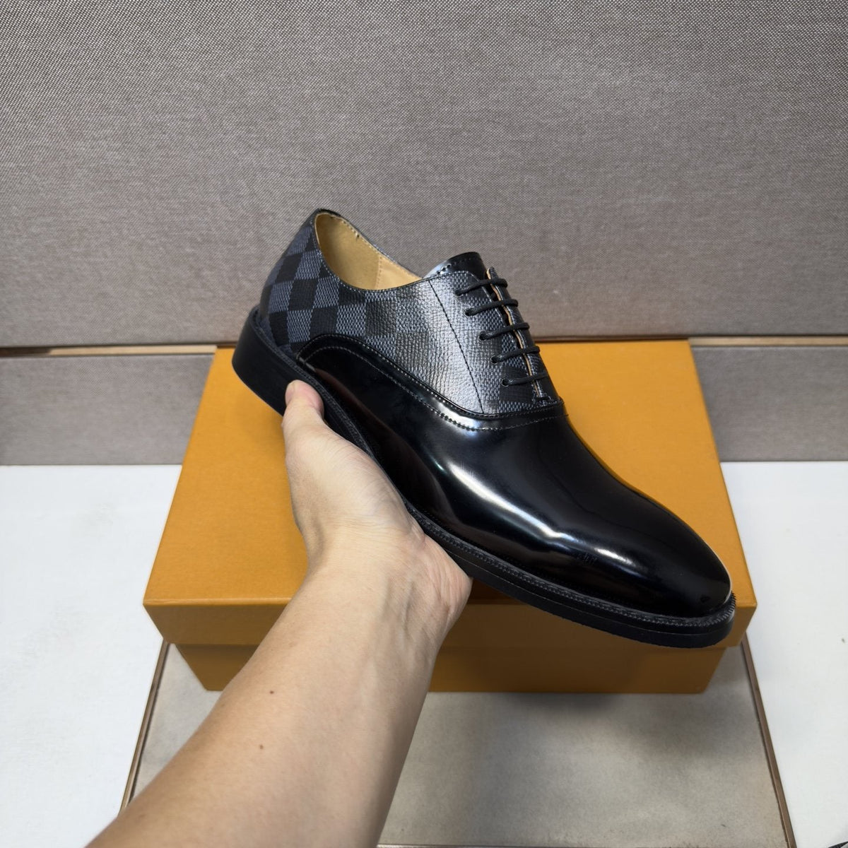 Louis Vuitton Checkered-Panel Lace-Up Dress Shoes — model